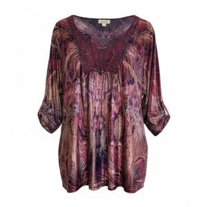 One World Plus Size Velvet Plus Size Boho Tunic Top Crochet Trim Size 3X NWT